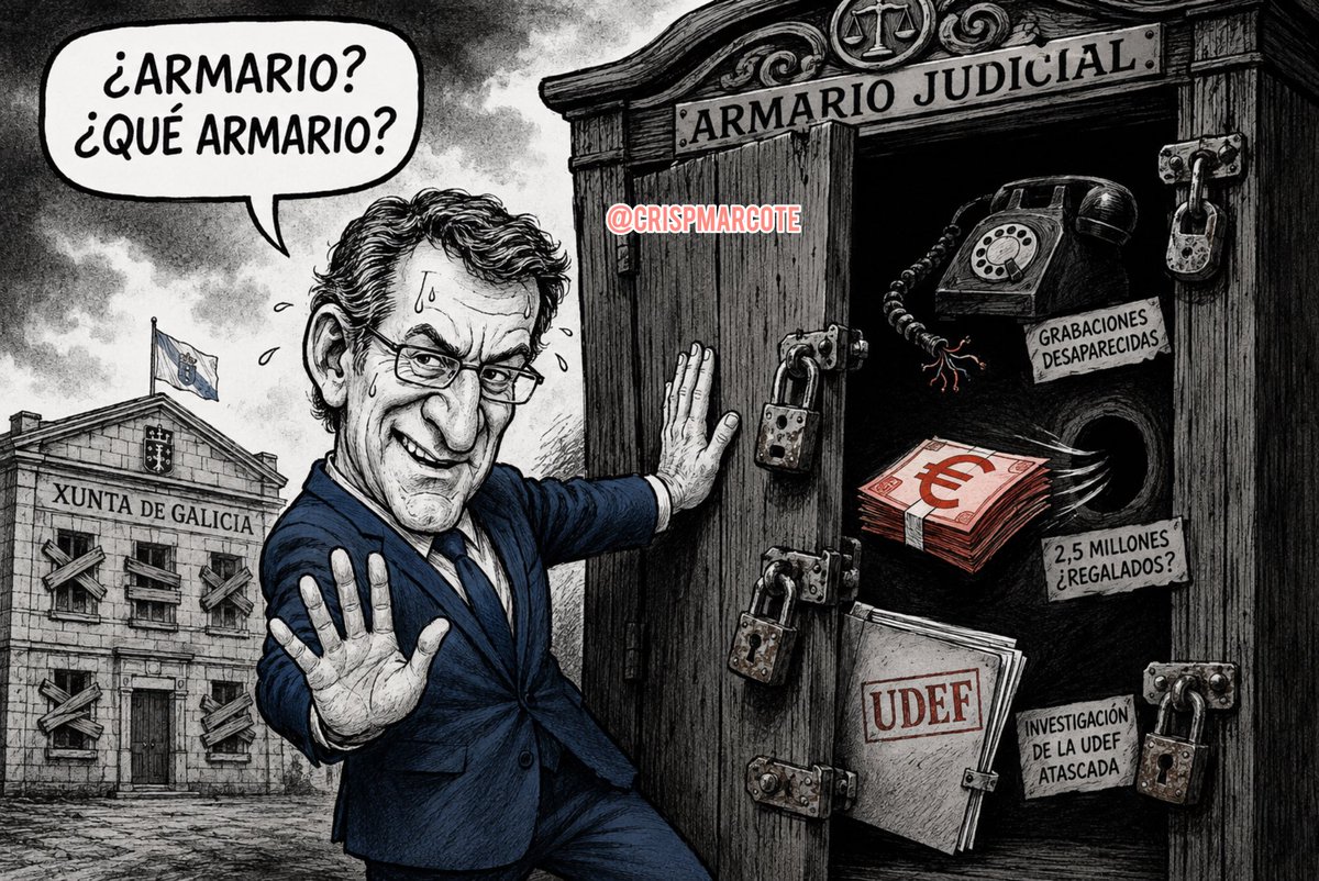 crispmarcote's tweet photo. Tres veces (que sepamos) se ha librado Feijóo de ser imputado con indicios más que suficientes. 👇🏽

1️⃣ Las grabaciones con el narco que “desaparecieron”
Entre 2001 y 2003 hubo escuchas telefónicas entre Marcial Dorado y Feijóo, ordenadas por el juez Vázquez Taín dentro de la causa de narcotráfico contra Dorado. Nunca se informó a la fiscalía de esos pinchazos, no hubo atestado policial y no existen transcripciones de las grabaciones.  Cuando otro juez, Gómez Bermúdez, las buscó en 2013, no encontró ni rastro. Feijóo llegó a decir que la relación se había roto en 1998; las escuchas datadas en 2003-2004 lo desmintieron. https://t.co/BYt5q2mkoi

2️⃣ El caso Rey Novoa y los 2,5 millones “regalados”
En 2018, la Xunta de Feijóo (a través de XesGalicia) concedió un préstamo público de 2,5 millones de euros a la editora de El Correo Gallego, dirigida por José Manuel Rey Novoa, cuando el diario ya debía casi un millón a Hacienda y otro a la Seguridad Social.  La UDEF investigó después el crédito y la trama de empresas pantalla del empresario. Rey Novoa está ahora procesado por alzamiento de bienes y apropiación indebida; un auto judicial reciente vuelve a poner el foco en la “voluntad política” y la operación con ABANCA. https://t.co/tlmt40cpPQ

3️⃣ Feijóo aparece en informes de la UDEF y en un sumario judicial sin resolver. Próximamente os contaré cuál.