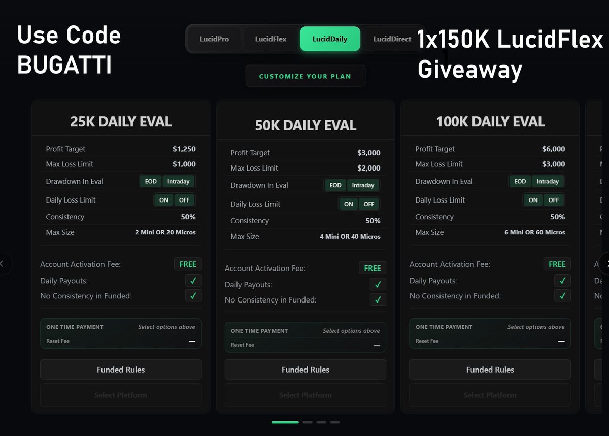 UncleBugatti's tweet photo. 😚Lucid Giveaway😚
1x 150K Lucid Flex for feedbacks 
@TradingLucid  Daily Plans are here 

Use Code BUGATTI 
https://t.co/W6ztLU49eJ

Rules:
1. Follow me
2. Like &amp; Retweet "Daily payout"
3. Tell me what you like or don't like about the plan.

Winner pick  7/31 https://t.co/YhU92jQGp7