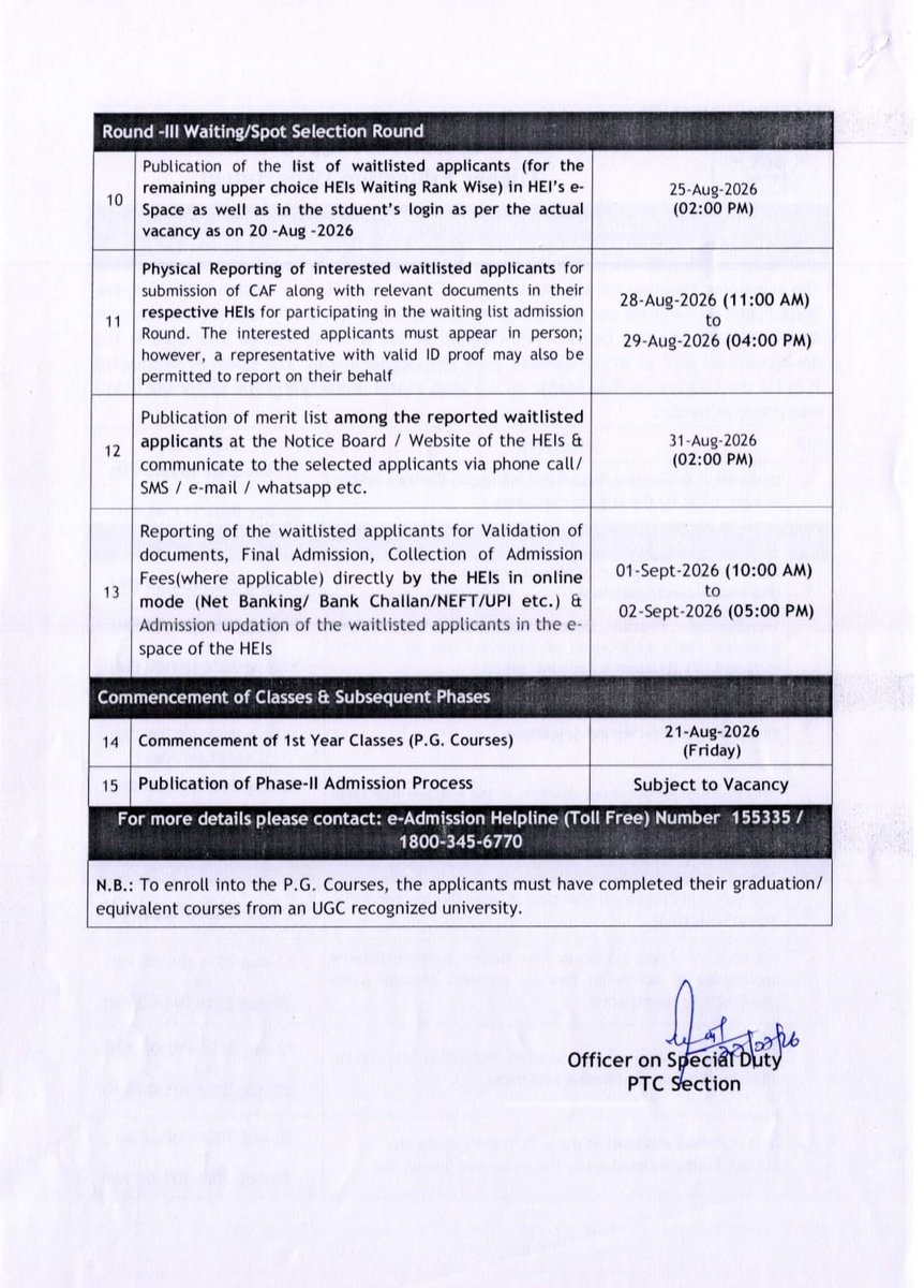 DHE_Odisha's tweet photo. P.G. Admission 2026-27

The Admission schedule for P.G. Courses under SAMS has been published. Applicants are advised to check the timeline and complete all admission-related activities within the stipulated dates.

@CMO_Odisha @suryabanshibjp @IPR_Odisha 
#PG #Admission #HigherEducation