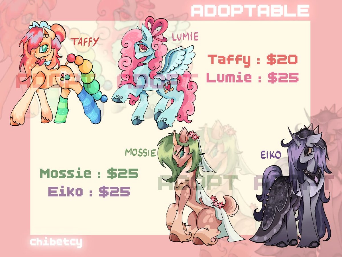 chibetcy's tweet photo. AVAILABLE PONY ADOPT BATCH ! 🩷

Pony adopt batch open on vgen ! 

Prices :
- Taffy : $20
- Lumie : $25
- Mossie : $25
- Eiko : $25
#adoptables #ponyadopt #adoptbatch #fyp #digitalartist #foryou

For more informations, check out my vgen below! 👇 
https://t.co/gbLcDZZDFK https://t.co/u3aJzGjaLN