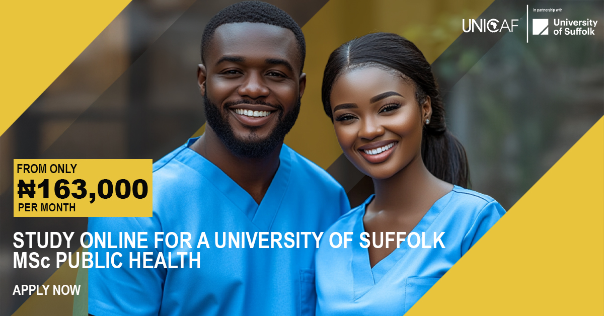 Unicaf_Nigeria's tweet photo. πAdvance your career with an MSc in Public Health from the University of Suffolk through Unicaf from just β¦163,000 per month.
Gain the skills to address global health challenges
Apply now! πhttps://t.co/erOXJM7ygw
#Unicaf #PublicHealth #GlobalHealth https://t.co/702RCdTE1h