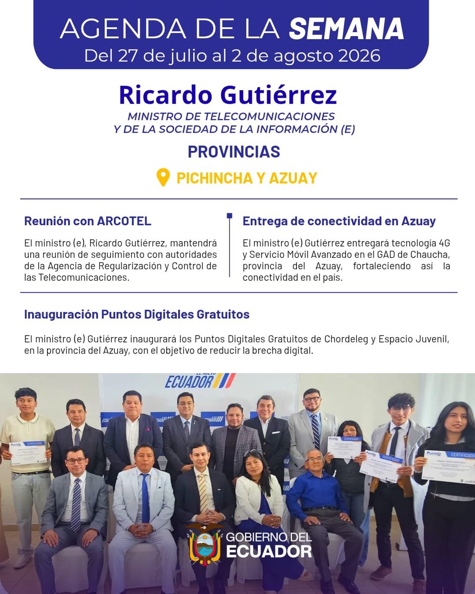 Telecom_Ec's tweet photo. 🇪🇨 Entregamos conectividad y aportamos a la reducción de la brecha digital.

Conoce esta y otras actividades que desarrollaremos del 27 de julio al 2 de agosto. ⬇️ https://t.co/MJEj2kaJNN