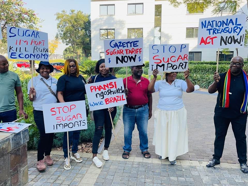 SAFDA_farmers's tweet photo. Sugarcane farmers from KwaZulu-Natal and Mpumalanga have gathered outside the offices of the National Treasury, calling for the urgent gazetting of the revised import tariff.
#GazetteTheDBRP #SaveOurSugarIndustry #ProtectLocalSugar #StandWithFarmers #SAFDA https://t.co/HL12HBswsS