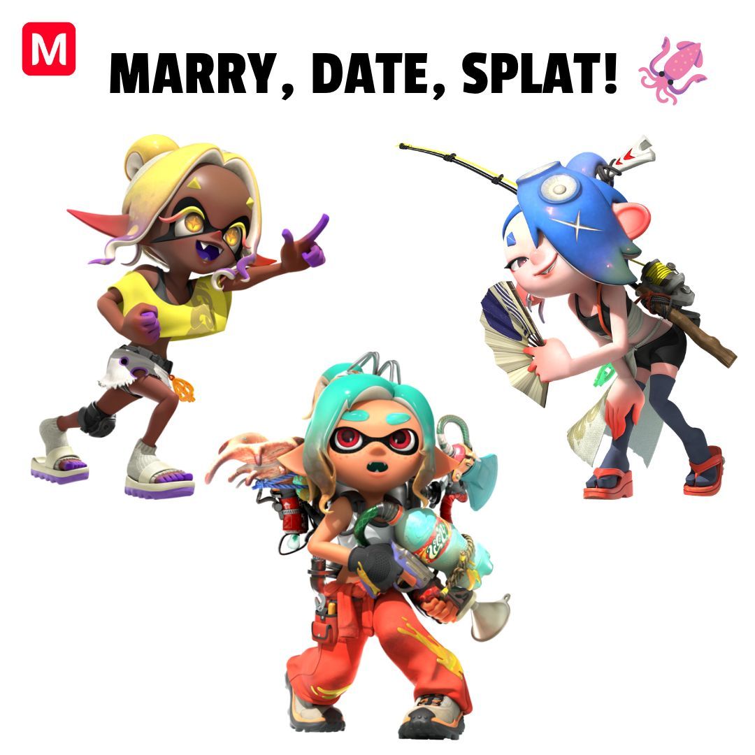 mecchaJP's tweet photo. Your choices are final! Who gets the ring, who gets the date, and who gets splatted? 💕🦑

#Splatoon #SplatoonRaiders #Shiver #shiversplatoon #fryesplatoon #DeepCut https://t.co/YWnhKU6HtO