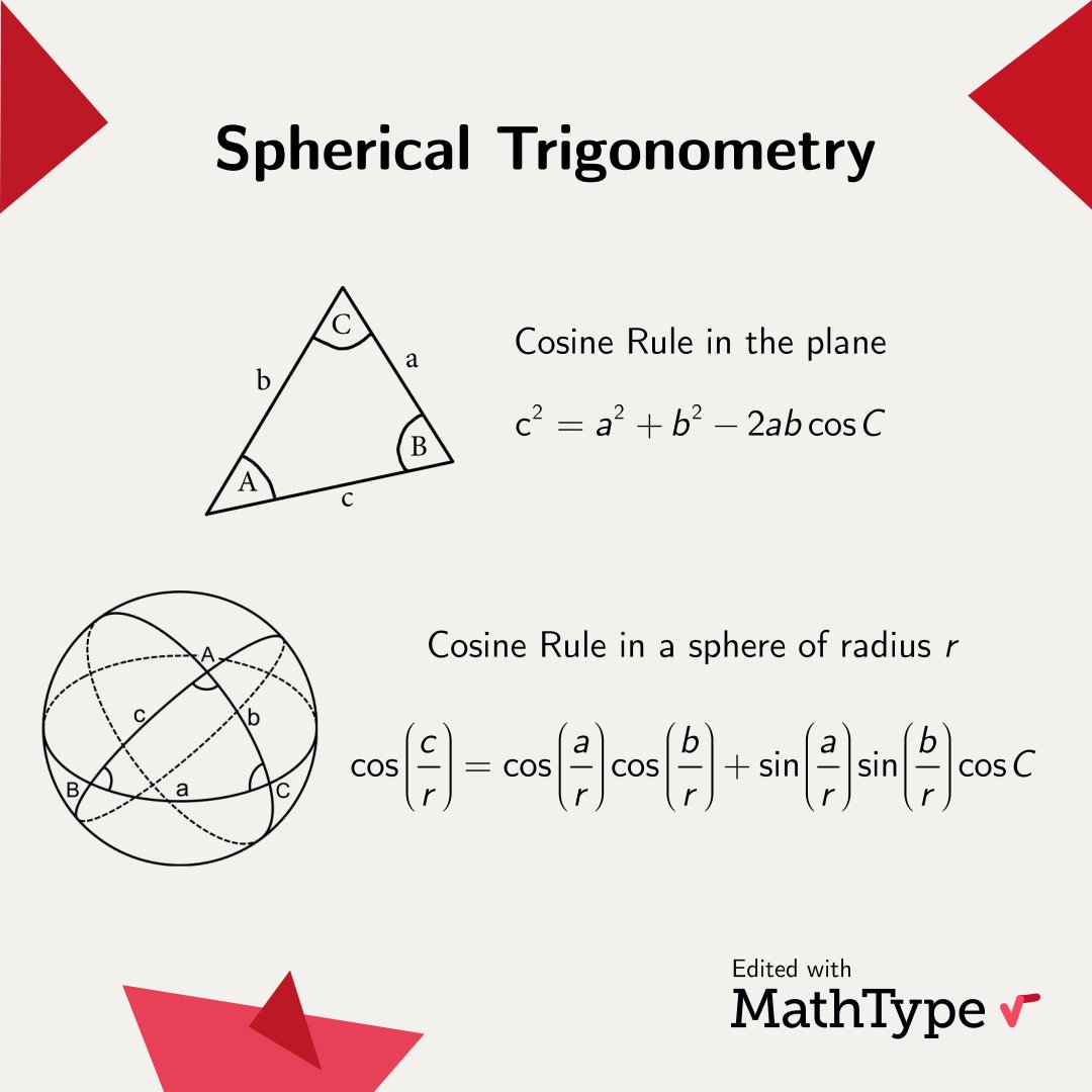 MathType's tweet photo. Trigonometry is fun, but non-euclidean fun is better! Just remember: the angles of a triangle on a sphere add up to more than 180 degrees and its sides divided by the radius are just angles.
#MathType #math #mathematics #mathematical #mathematician #mathproblems #mathfacts https://t.co/DVQ6NenO9m