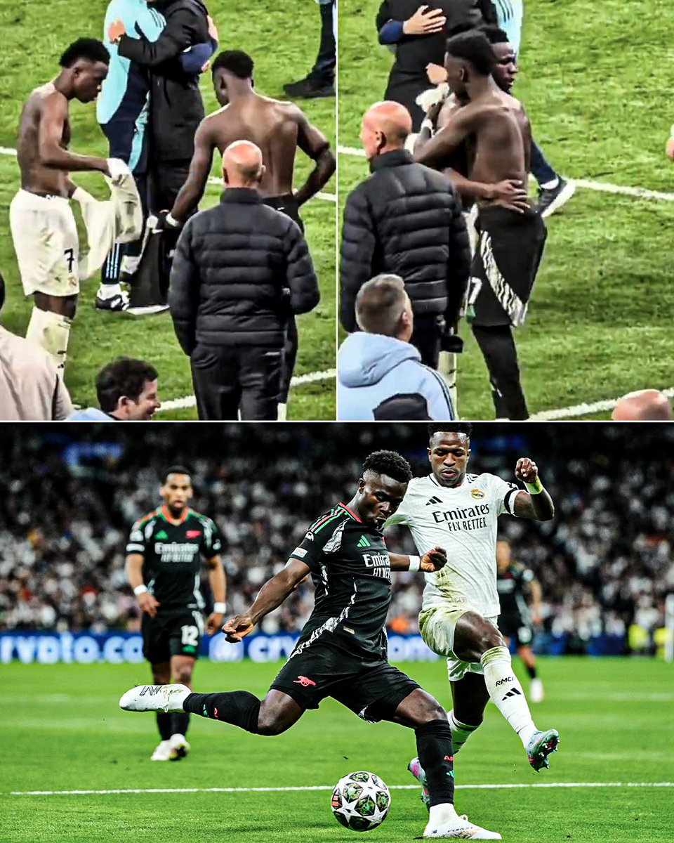 ESPNUK's tweet photo. When Bukayo Saka and Vinícius Jr swapped shirts after Arsenal knocked Real Madrid out of the Champions League 👕👀 https://t.co/M4hterZgX8