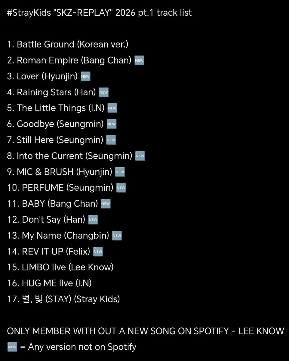 LKglobal_'s tweet photo. Lee Know is the only member who did not receive a new solo song on this release of the Replay album out of 17 songs. Lee Know's only inclusion is a live version of a song that was released almost 4 years ago. We are aware there will be a SKZ-REPLAY 2026 part 2, but that is a separate release without a release date set yet. SKZ-REPLAY 2026 Pt. 1 is a distinct, standalone release, a special digital album meant to celebrate the eighth anniversary of our fandom that is releasing in less than a week. As an anniversary gift, all fans should be considered equal without the exclusion of a member and those that bias them. This is absolutely disrespectful to not only us but most of all to Lee Know, especially on an album with 17 tracks. Most of the songs were not performed on tour, so that is not an excuse, and the company has enough resources derived from his own hard work to give him a song. This is profoundly more hurtful given Lee Know is the first member going to enlist, and enlistment is not long away for him.

Additionally, during the live performances he continues to be erased; he was barely visible during his own parts. During S-Class, instead of highlighting Lee Know's iconic kick stunt on his own line, the camera pans away. The same pattern was noticed for the rest of the concert, and many shared how difficult it was to see him on screens at all. Lee Know has barely one line in every new song performed until now from the new album. This is their last tour before Lee Know enlists, and not even for this reason he is given ways to showcase himself properly. This only speaks to the lack of professionalism in that company. Every member deserves the chance to showcase new music and to be seen while performing their skills; Lee Know should not be the only exception.

We hope the fandom recognizes how unfair this treatment is towards Lee Know as an artist and joins us in raising awareness. Until he receives the same opportunities as the other members, we will focus our support on projects that genuinely highlight and value his work. We refuse to let this be overlooked because Lee Know deserves the same respect, support, and opportunities as every other member.

We want to thank Lee Know, because even if the company is lackluster, he has been delivering outstanding performances for us. We noticed your effort, and we are in awe. Almost every Lee Know fancam is going viral. Everyone sees how you own the new choreography and how much you have perfected the old ones. Every time you dance a new performance we can't help but admire your attention to detail, technique, passion, stamina, and talent ❤️‍🔥

LEE KNOW WE SUPPORT YOU
#WE_WANT_LEEKNOW