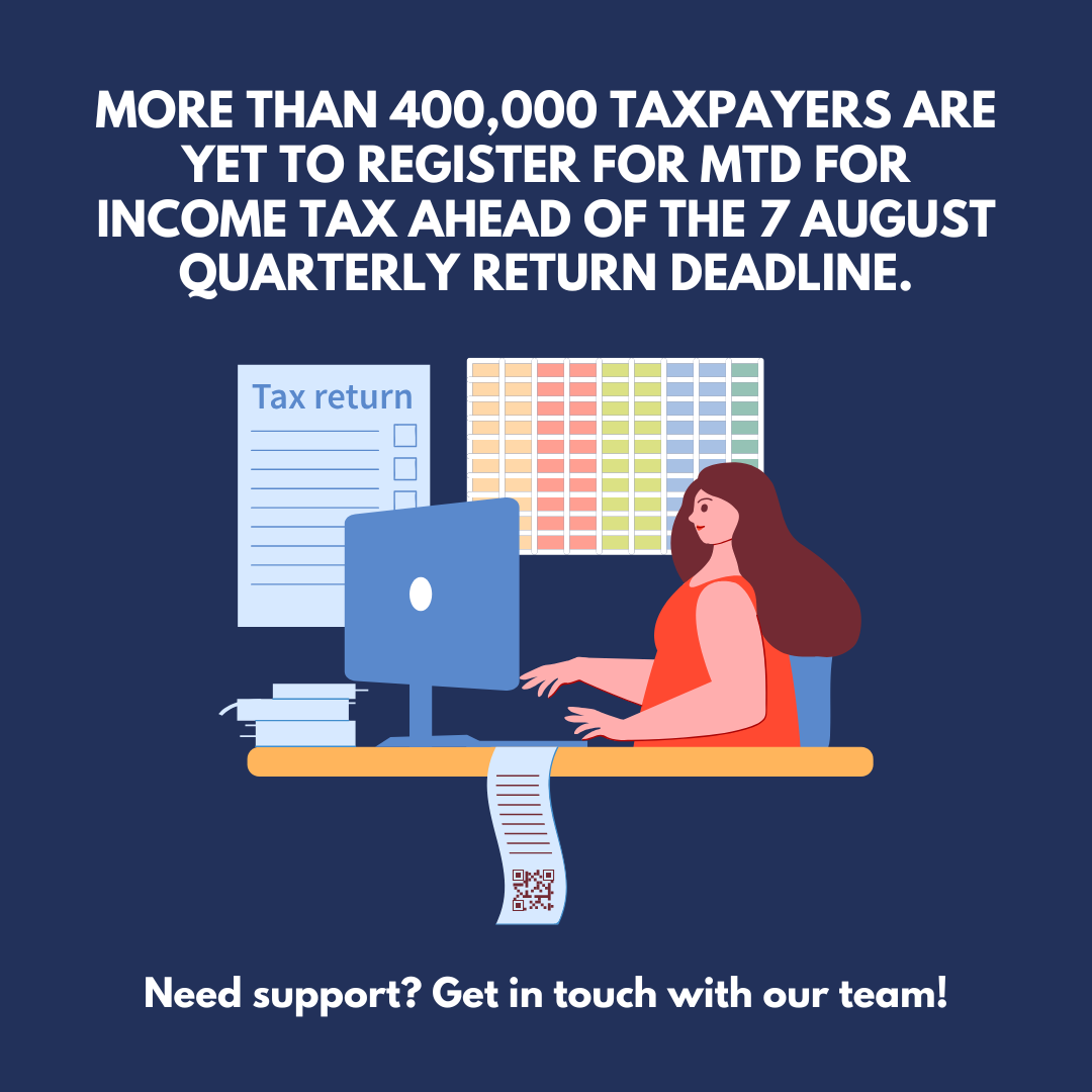 RichardAnthony_'s tweet photo. More than 400,000 taxpayers are yet to register for MTD for Income Tax ahead of the 7 August quarterly return deadline.

It is still a legal requirement for the self-employed and landlords earning over the current £50,000 threshold.

Need support? Get in touch!

#MTD https://t.co/4jmVszaOgY