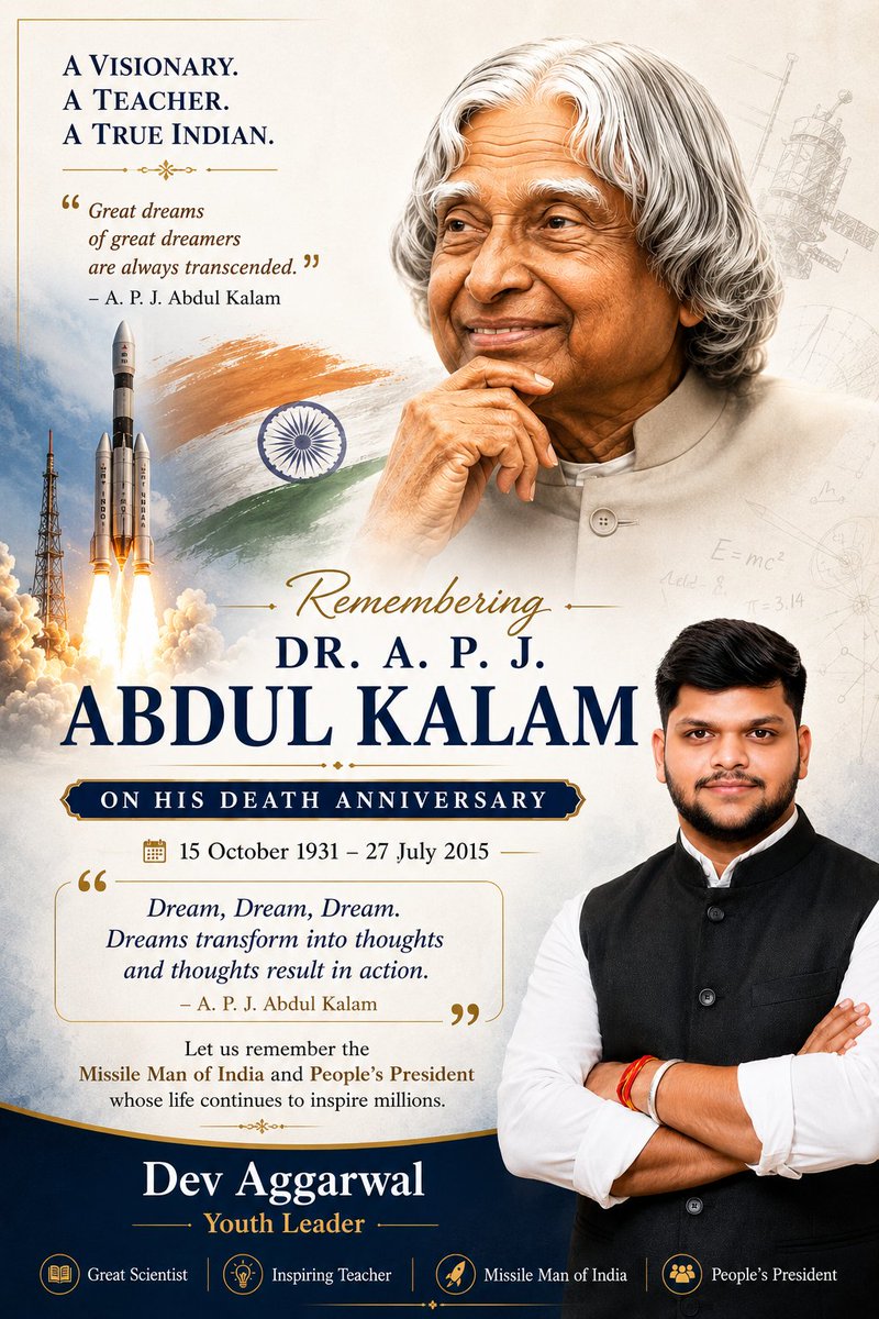 DevAggarwal0100's tweet photo. A visionary. A teacher. A true patriot.
Humble tribute to Dr. A.P.J. Abdul Kalam on his death anniversary. Your legacy will continue to inspire India forever. 🇮🇳🌸 https://t.co/3GDMLzxSCX