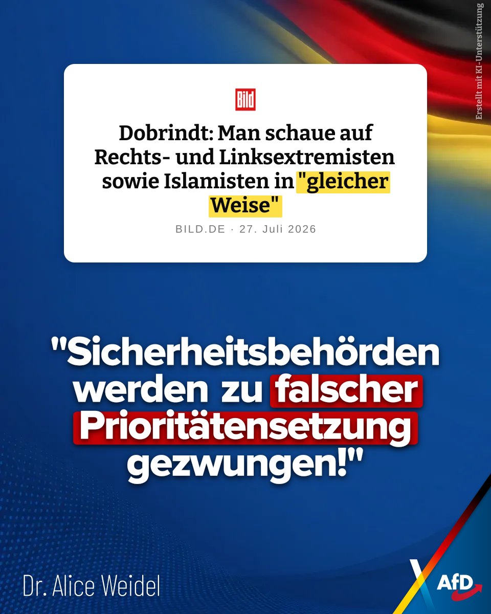 Alice_Weidel's tweet photo. "Anschläge wie der in Berlin sind auch deshalb möglich, weil die Sicherheitsbehörden politisch dazu gezwungen werden, falsche Prioritäten zu setzen. Statt sich mit islamistischen Gefährdern zu beschäftigen und die Bürger zu schützen, werden Ressourcen zur Bekämpfung missliebiger Meinungen und der Opposition genutzt."
