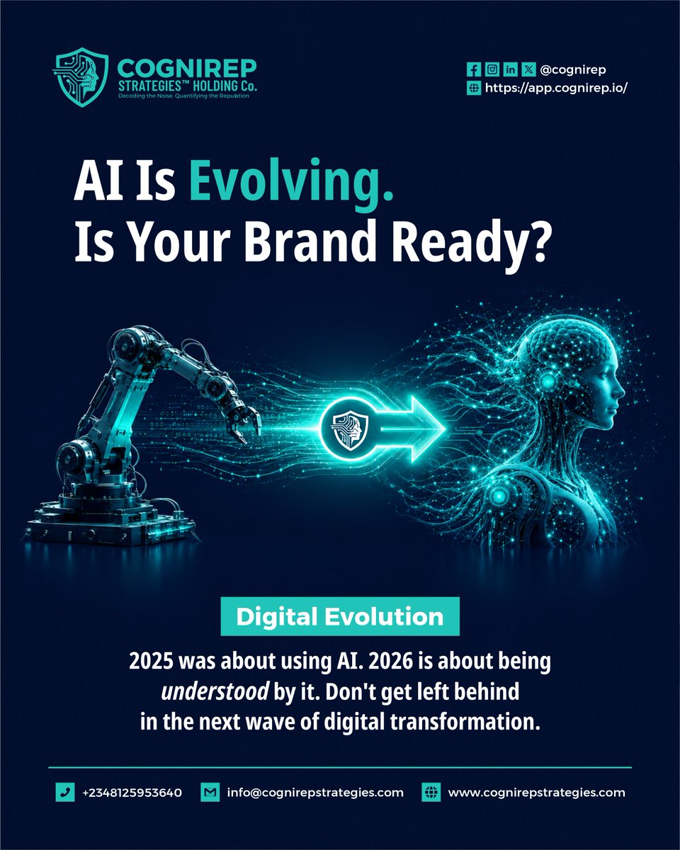 cognirep's tweet photo. 2025 was about using AI. 2026 is about being understood by it. Don't get left behind in the next wave of digital transformation.

#AITransformation #DigitalMarketing #FutureReady https://t.co/81XUd1Wvpt