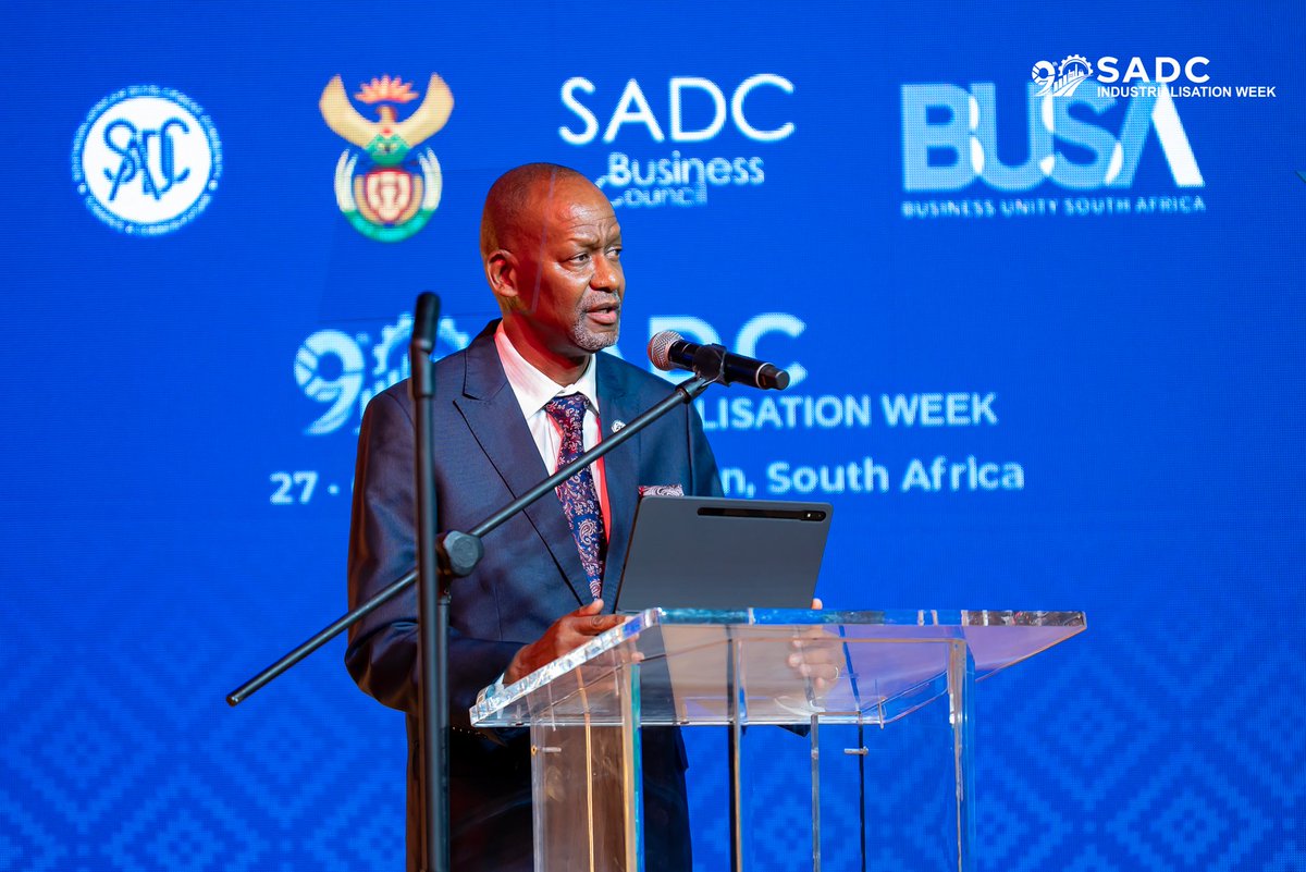 BusinessUnitySA's tweet photo. Addressing delegates at the 9th SADC Industrialisation Week, H.E. Elias Magosi, Executive Secretary of SADC Secretariat, delivered a clear call to action: the region's challenge is no longer policy, but implementation.

He urged Member States to move beyond commitments and accelerate the delivery of practical outcomes that strengthen regional integration, industrialisation and shared prosperity.

#SIW2026 #SADCIndustrialisationWeek #SADCBusinessCouncil