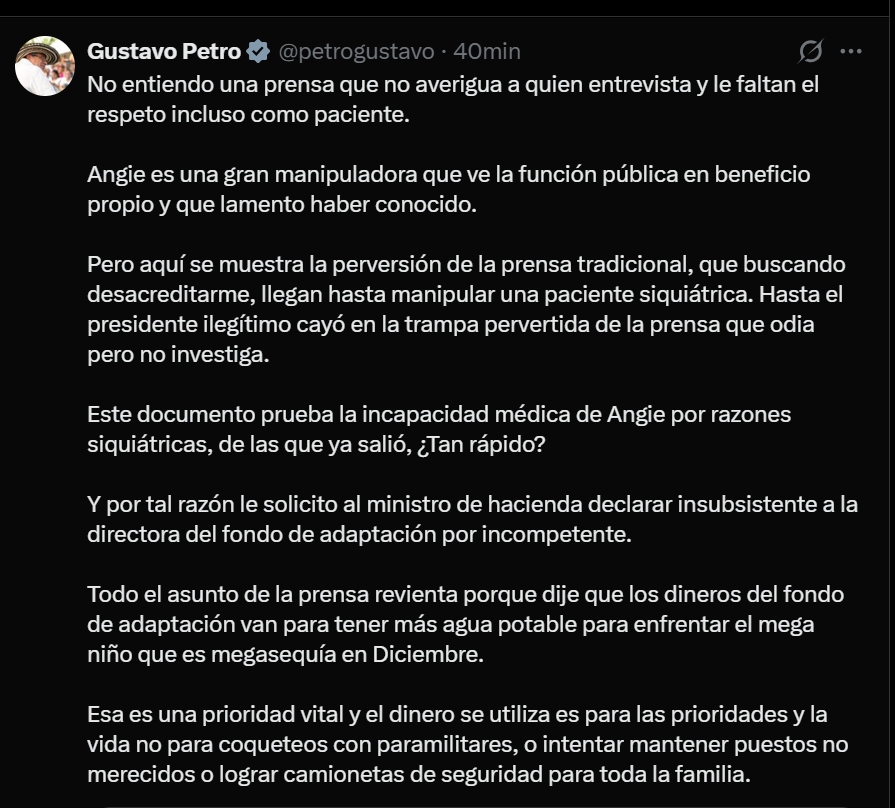 asulegalesLR's tweet photo. #Atento | El presidente le solicito al ministro de hacienda, Germán Ávila, declarar insubsistente a la directora del Fondo de Adaptación Angie Rodríguez, "por incompetente", al presentar una incapacidad médica psiquiátrica. Esto se da después de una entrevista de Rodríguez a Noticias RCN en la que rechazó la declaratoria de desastre de carácter nacional por la el fenómeno de El Niño