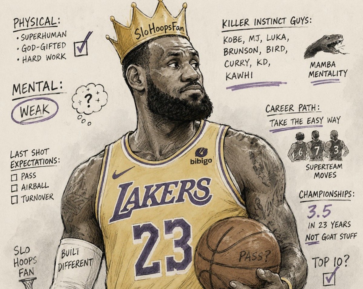 SloHoopsFan's tweet photo. Dear LeBron fans!

LeBron is a freak of nature. Nobody can deny that. He’s one of the greatest athletes we’ve ever seen, blessed with an unbelievable body, and he’s put in insane work for over two decades to keep himself in elite shape. Nothing but respect for that.

But to me, his biggest weakness has always been mental, not physical. He just doesn’t have that killer mentality that guys like Kobe, MJ, Bird, Curry, Luka, or even Brunson, have. When those guys get the ball for the final possession, fans on both sides get nervous because you know they’re looking to end the game. With LeBron, it often feels like you’re expecting a pass, a turnover, or a missed jumper. Outside of bulldozing his way to the rim like a freight train for a layup or dunk, his scoring bag has never been on that level.

The same mindset shows up in his career choices. He never had the desire to spend his entire career with one franchise the way Kobe, Dirk, Duncan, Curry, or Bird did. Like KD, he chose to form or join superteams instead of trying to climb the mountain with one organization. That’s probably one reason KD defends him so much these days: they’ve both faced similar criticism. The difference is KD got roasted for joining Golden State, while LeBron often gets a pass for doing similar things throughout his career. I just wish people kept the same energy.

And that’s all fine. Every superstar doesn’t have to be built the same. LeBron has had an incredible career and he’s absolutely an all-time great. I’ve got no problem putting him in the top 10.

What I can’t get behind is the GOAT argument. That’s where I draw the line. To me, 3.5 championships across 23 seasons just isn’t GOAT material. No matter how you slice it, 6 and 5 will always beat 3.5.

So here’s my peace offer to LeBron fans: if we can agree he’s an all-time great and comfortably top 10, but not top 5, let alone the GOAT, then we can finally stop having the same debate every summer and be friends forever. 

Deal? 🤝