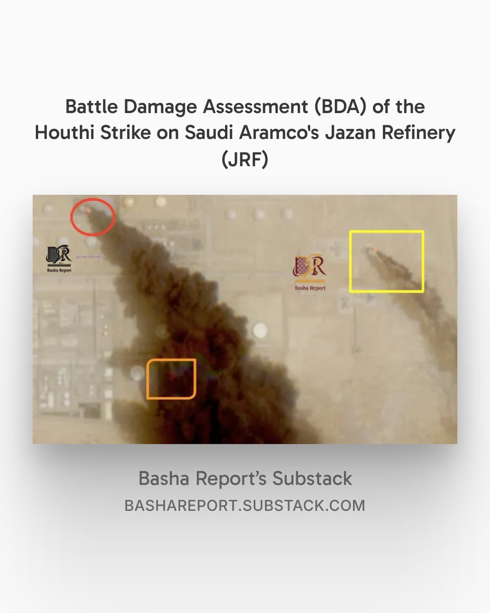 BashaReport's tweet photo. Battle Damage Assessment (BDA) of the Houthi Strike on Saudi Aramco's Jazan Refinery (JRF)
Weather satellites and VIIRS overstated the extent of the fire. Updated imagery indicates the damage was most likely limited to a two storage tanks. https://t.co/GM0f6ajthn