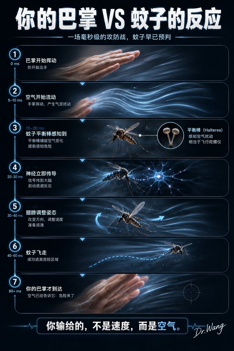 HotmailfromSH's tweet photo. 「为什么蚊子总打不到？不是你手慢而是它真的“开了外挂”！」

你有没有过这样的经历？明明已经瞄准，一巴掌拍下去，结果手掌里空空如也，而蚊子已经飞到了另一面墙上仿佛在是在嘲笑你……

其实，这还真不是你的问题！蚊子之所以难打，是因为它本身就是飞行界的“顶级运动员”。

这是因为蚊子属于双翅目昆虫，与蝴蝶、蜜蜂、蜻蜓等拥有两对翅膀的昆虫不同，蚊子真正用于飞行的只有一对前翅，而后翅在漫长的进化过程中，演变成了一个特殊器官“平衡棒”。

这个小小的器官，看起来不起眼儿却像飞机上的陀螺仪一样。当蚊子飞行时，平衡棒每秒钟高速振动，能够实时感知身体姿态变化，还能探测空气中的细微扰动。也就是说，当你的手刚刚开始挥动时，空气已经发生了变化，你的巴掌还没到，蚊子的大脑已经收到了"危险来了"的准确信号。

有研究发现，蚊子可以在几十毫秒内完成反应，并迅速改变飞行方向，因此我们常常觉得它像"瞬移"一样。更厉害的是，它们的飞行方式并不是直来直去。

很多研究发现，蚊子在寻找宿主时会采用一种被称为“莱维飞行”的运动模式。简单来说，就是长距离飞行与短距离随机搜索交替进行，这种飞行策略能够提高寻找食物的效率，同时也让掠食者也包括人类更难预测它下一步会飞向哪里。

很多人可能都像我一样明明是看准了，结果蚊子TA突然来了一个急转弯，跑了！事实上并不是它运气好，而是TA这种飞行方式本身就是一种独特的进化优势。

当然，真正让蚊子成为"吸血高手"的，除了飞的快，它们还能利用二氧化碳、人体体温、汗液中的乳酸、皮肤挥发物等多种信号定位目标，这个我们之前科普过。换句话说，在你还没发现它之前它可能已经"盯上你"很久了！

既然TA这么狡猾，我们该如何提高"命中率"来消灭TA？很多人都是左右挥手去拍，这样其实效率并不高。

因为蚊子遇到危险时，更倾向于快速向上或向下逃逸，因此从上下方向夹击，成功率反而更高。另外还有以下几个小技巧：

1、手掌不要张得太开，也不要用力过猛，避免产生过大的气流，让蚊子提前察觉；

2、尽量让蚊子位于手掌中央再拍，提高覆盖面积；

3、拍到后最好轻轻搓一下手掌，避免它只是被震晕；

4、晚上不要开太亮的大灯，可以打开床头灯或用手电筒，蚊子停在墙面时更容易通过影子发现。

当然，如果家里蚊子很多的话，与其跟它们斗智斗勇，不如直接采取物理和化学防护。譬如蚊帐、电蚊拍、驱蚊液、纱窗等，往往比徒手拍打更高效。

目前正处暑期，还是要提醒大家要注意蚊子不仅会让人瘙痒难忍，更可能传播登革热、疟疾、日本脑炎等多种疾病……

当然，夏天最好的策略不是练习拍蚊子的技术，而是平时就要减少积水、做好防蚊措施，从源头降低被叮咬的风险。

毕竟，我们和蚊子较劲，你面对的是一个经过数千万年进化出来的"飞行高手"。TA能活到今天，确实是有两把刷子滴……