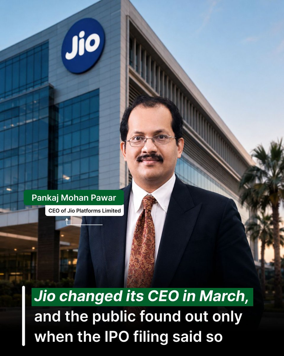 Pranayagg05's tweet photo. Jio's ₹37,700 crore #IPO, on track to be the largest in Indian history, just got sent back by SEBI for more answers.

The regulator wants Jio Platforms to clarify certain disclosures in the DRHP it filed on June 19, days before the query landed.

The other detail in that DRHP is easy to miss if you only read the headlines. 

Kiran Thomas resigned as CEO on March 23, and Pankaj Pawar took over the very next day, but the public only found out three months later, when the DRHP became public.

As a CA, I keep coming back to that gap. A private company the size of Jio Platforms can change its CEO, and the market finds out only when a regulatory filing forces it to inform. 

Companies choose when to announce a leadership change, right up until the day they need public capital. Then a year of decisions surface at once, in one document, for anyone to read.

→ March 23: Kiran Thomas resigns as CEO
→ March 24: Pankaj Pawar takes over, while also staying on as MD of Reliance Jio Infocomm
→ June 19: DRHP filed, disclosing the change for the first time
→ Days later: SEBI returns with questions on the same filing

I read a clarification request on a filing this size as routine scrutiny, more than a problem with the issue itself. The CEO change is the more interesting fact of the two. 

It shows how much can happen inside a large private company before the public finds out, and a DRHP is often the first moment they do.

For those who have read a DRHP closely, what disclosure do you check first, before you get anywhere near the financials?

#JIO #JioIPO