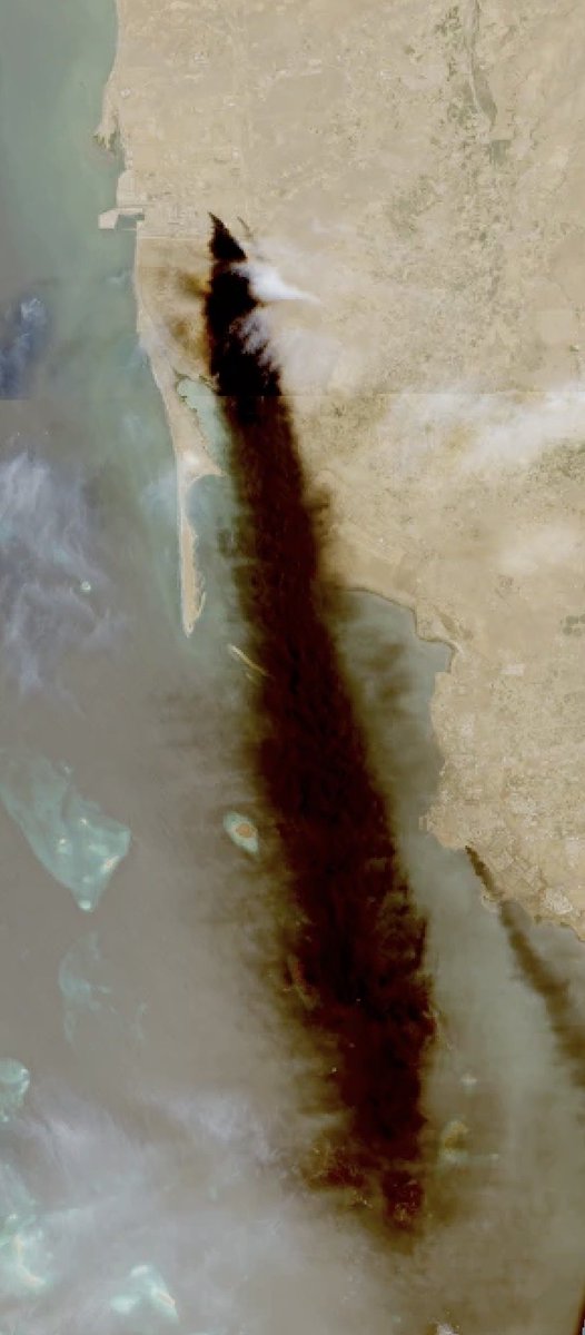 HormuzLetter's tweet photo. BREAKING: Saudi Aramco's Jizan oil refinery is still burning more than 2 days after being struck by Houthi ballistic missiles, with a massive 77km smoke trail visible on Sentinel-2 satellite imagery today. https://t.co/UzQ7o1vVES