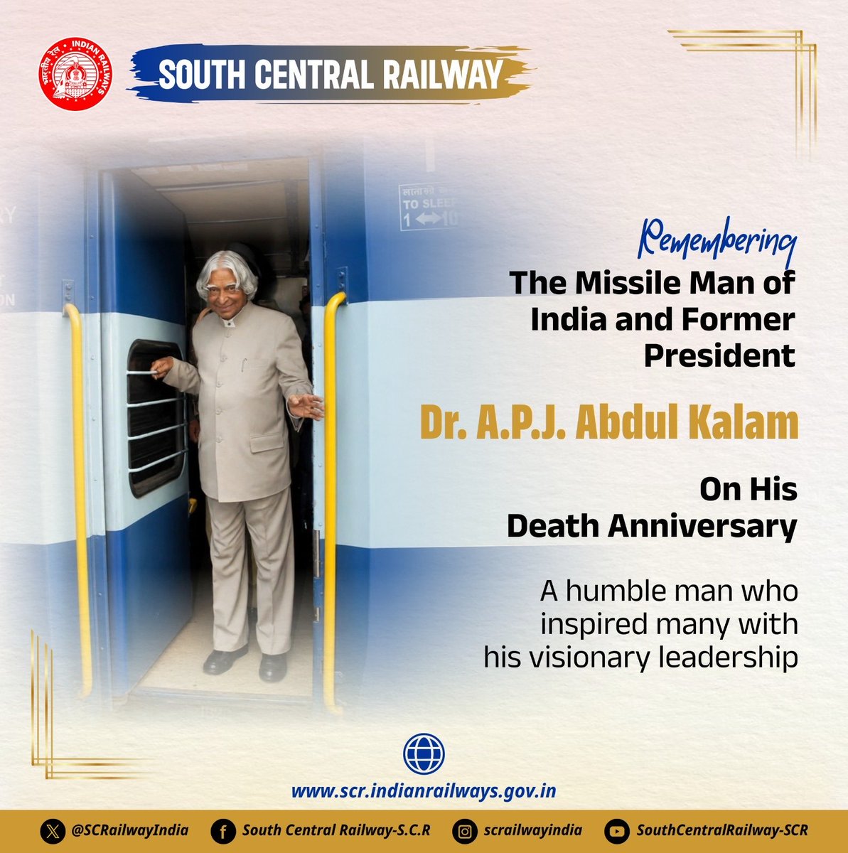 drmsecunderabad's tweet photo. From the doorway of dreams to the tracks of destiny🚆✨
South Central Railway salutes Dr. A.P.J. Abdul Kalam — The Missile Man of India, whose vision continues to guide our journey forward.

#MissileManOfIndia  #SCRTribute #SouthCentralRailway  #LegacyLivesOn #TracksOfInspiration https://t.co/cAC0G7bXWy