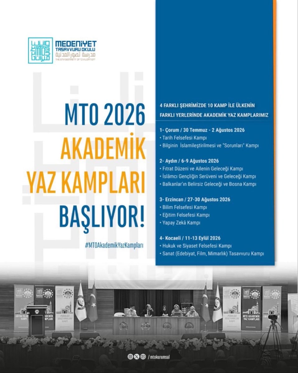 yenisafakwriter's tweet photo. #MTO2026AkademikYazKampları’mız afişte ayrıntılı olarak veriliyor… İnceleyebilirsiniz…
Hesaplarımızı da inceleyebilirsiniz.

Ayrıca asistan kardeşlerimiz her daim sorularınıza cevap vermek üzere hazırda bekliyorlar…

Bu sene #MTOYazKampları’mızda çok güzel sürprizler MTO ailelerini (!) bekliyor… 

Kamplara katılmayan, kardeşlik havasını soluyamayan, akademik ve entelektüel çapı göremeyen, MTO’yu anlayamaz…

MTO, anlatılmaz, yaşanır.
MTO sadece bir okul değildir, bir okuldan daha fazlasıdır; bir umut ve ufuktur; bir ekoldür: İstanbul Ekolü / İstanbul Okulu.

@mtokurumsal @safakyagmurlari