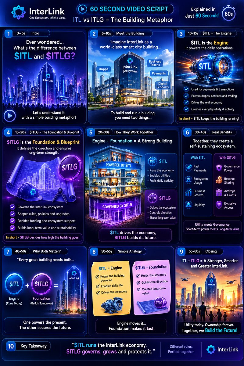 Siddu2P's tweet photo. 🏢 InterLink: $ITL vs $ITLG – The Building Metaphor
🚀 1. Think of InterLink as a Smart City
Imagine the InterLink ecosystem as a modern smart city filled with:
dApps
Digital Payments
Business Tokens
Digital Economy
AI-powered services
To make this city successful, it needs two essential components: $ITL and $ITLG.
⚙️ 2. $ITL = The Engine (Utility Token)
$ITL powers the InterLink economy.
Its main roles include:
Processing payments and transactions
Powering dApps and ecosystem services
Supporting business token trading
Driving real-world economic activity
Providing liquidity across the ecosystem
Simple meaning:
$ITL keeps the InterLink ecosystem running every day.
🏗️ 3. $ITLG = The Foundation & Blueprint (Governance Token)
$ITLG builds and protects the future of InterLink.
Its responsibilities include:
Governance and voting
Shaping ecosystem policies
Supporting upgrades and development
Funding ecosystem growth
Long-term sustainability
Revenue-sharing opportunities
Community incentives and grants
Simple meaning:
$ITLG decides how the InterLink ecosystem grows over time.
🤝 4. How They Work Together
Just like a building needs both:
An Engine to operate daily
A Strong Foundation to stand for decades
The InterLink ecosystem needs:
$ITL → Daily utility and economic activity
$ITLG → Governance, ownership, and long-term value
Together they create a self-sustaining Web3 ecosystem.
📈 5. Benefits of Each Token
✅ With $ITL
Fast payments
dApp utility
Business growth
Liquidity
Daily ecosystem activity
✅ With $ITLG
Governance power
Revenue sharing
Ecosystem grants
Exclusive participation
Long-term ecosystem growth.
#InterLink #ITLG #ITL