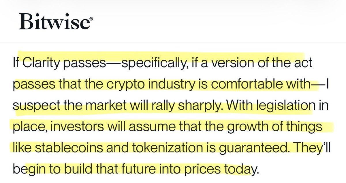 SMQKEDQG's tweet photo. ‼️BITWISE: IF CLARITY PASSES I SUSPECT THE MARKET WILL RALLY SHARPLY‼️

Documented.📝👇 https://t.co/5yRPYAIaG2