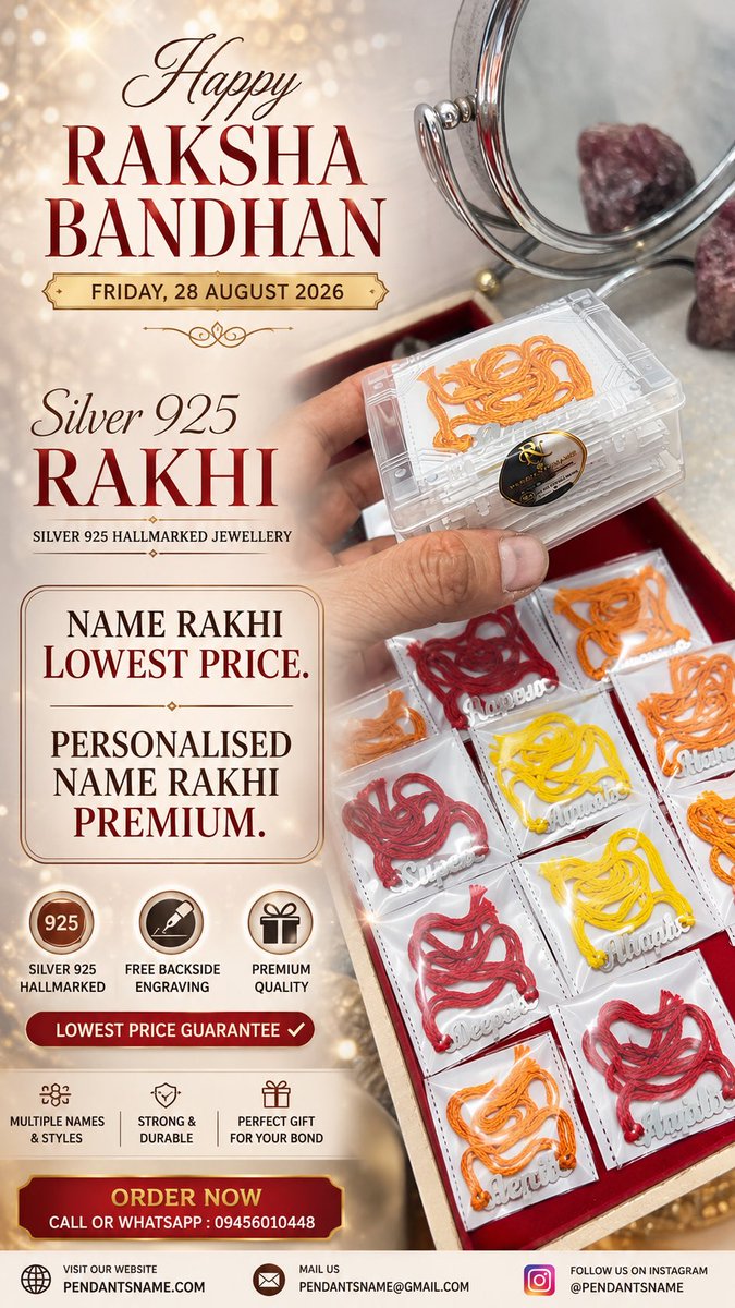 pendantsname's tweet photo. https://t.co/bZxMAXji2c
PERSONALISED JEWELLERY 
PICTURE PENDANT &amp; NAME PENDANT
(Call or WhatsApp : 09456010448)

*Order Now*

Lowest Price Silver 925 Personalised Name Rakhi.
•Follow Us On Instagram
https://t.co/oDPnO5BICx

#GOLDRAKHI #SILVERRAKHI #RAKHIJEWELLERY #pendantsname https://t.co/8rP2YP0yOU