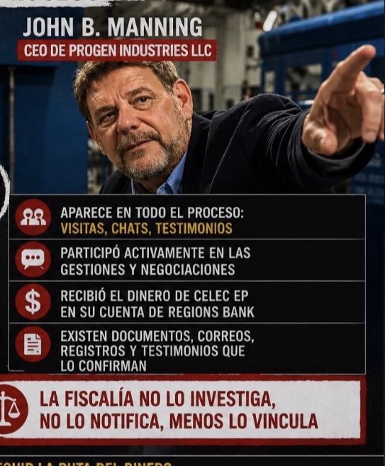 LeoStagg's tweet photo. Caso Progen

¿Quién es John B. Manning?

John B. Manning es el CEO de PROGEN Industries LLC, empresa que recibió más de USD 104 millones en recursos públicos transferidos por CELEC EP dentro de los contratos investigados y que entregó equipos inservibles.

Sin embargo, recién la semana pasada se dio paso a su proceso de notificación mediante asistencia penal internacional, pese a que la investigación está próxima a cumplir un año y la instrucción fiscal se encuentra por concluir.

La pregunta es inevitable:

¿Por qué el principal representante de PROGEN y actor central de los hechos investigados no fue notificado desde el inicio por la Fiscalía General del Estado?

Esperamos que @FiscaliaEcuador colabore con los procesos iniciados por Antonio Gonçalves en Estados Unidos ante el IC3 del FBI y Fincen (Unidad de Inteligencia Financiera de USA) a fin de llegar a los beneficiarios finales de este atraco y sancionarlos conforme a la ley.