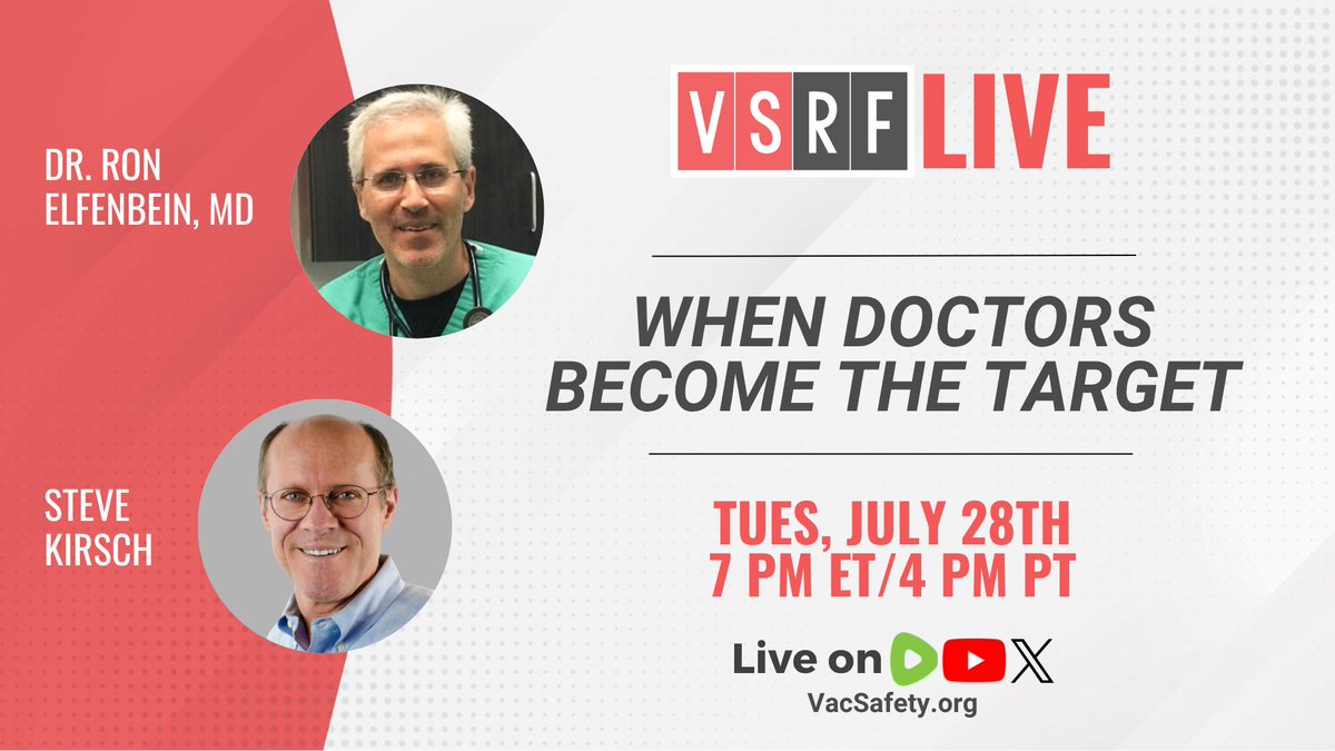 VacSafety's tweet photo. ⚖️ What happens when a physician publicly challenges government policy—and later finds himself fighting for his freedom in federal court?

This Tuesday, Steve Kirsch welcomes Dr. Ron Elfenbein, who will share his extraordinary story and the legal battle that has upended his life.

Join us LIVE.
Tuesday at 7 pm ET
Live on Rumble, X, and YouTube -- https://t.co/ifNCA0Yrh4

@stkirsch 
@RonElfenbeinmd