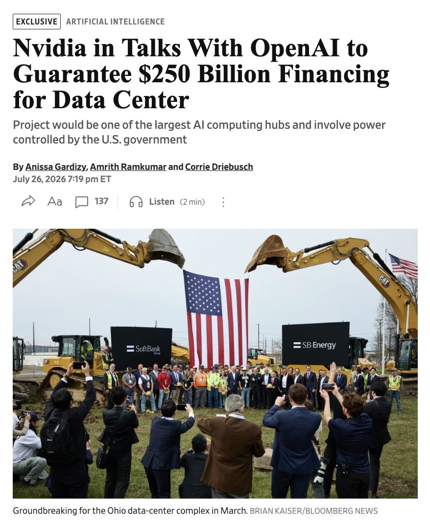 MrDataCenters's tweet photo. NVIDIA is in talks to provide $250 billion in financing guarantees for OpenAI's 10 GW data center in southern Ohio, part of a project that could cost more than $500 billion in total. The $250 billion covers the data center lease and debt financing. Separately, NVIDIA is also discussing financing OpenAI's chip purchases worth up to $350 billion.

Two things are happening simultaneously here that are worth understanding clearly.

For OpenAI, this would be the first step toward controlling its own infrastructure instead of renting from Microsoft, Amazon, and Oracle. That strategic shift, from tenant to owner, changes OpenAI's cost structure, its negotiating leverage, and its long-term competitive position in a way that goes well beyond any single infrastructure deal.

For NVIDIA, it guarantees chip demand for years to come. But critics are already raising the circular financing concern. NVIDIA backstops OpenAI's data center, OpenAI uses that financing to buy NVIDIA chips, NVIDIA books the revenue.

The power for the project is controlled by the US government and funded separately by Japan under a recent trade deal, tied to Tokyo's pledge to invest $33 billion in a natural gas plant. That detail alone tells you how far the AI infrastructure buildout has moved into the domain of geopolitics and sovereign capital.

Anthropic, Microsoft, and Google have also spoken to Commerce Secretary Lutnick about the site in recent weeks. The 10 GW Ohio project is shaping up to be one of the most consequential infrastructure decisions of the decade, and the competition for it reflects that.
