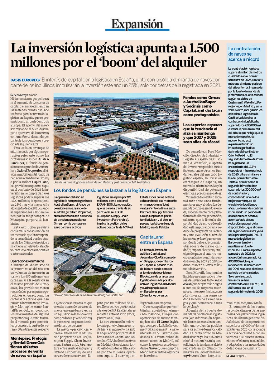 CushWakeSPAIN's tweet photo. La contratación logística superó el millón de m² en España durante el primer semestre de 2026, un 80% más interanual.

Madrid y la zona centro concentraron más de 600.000 m² y Barcelona superó los 480.000 m². La inversión podría rebasar los 1.500 M€ este año.

🔗@expansioncom https://t.co/zddruvvjm1