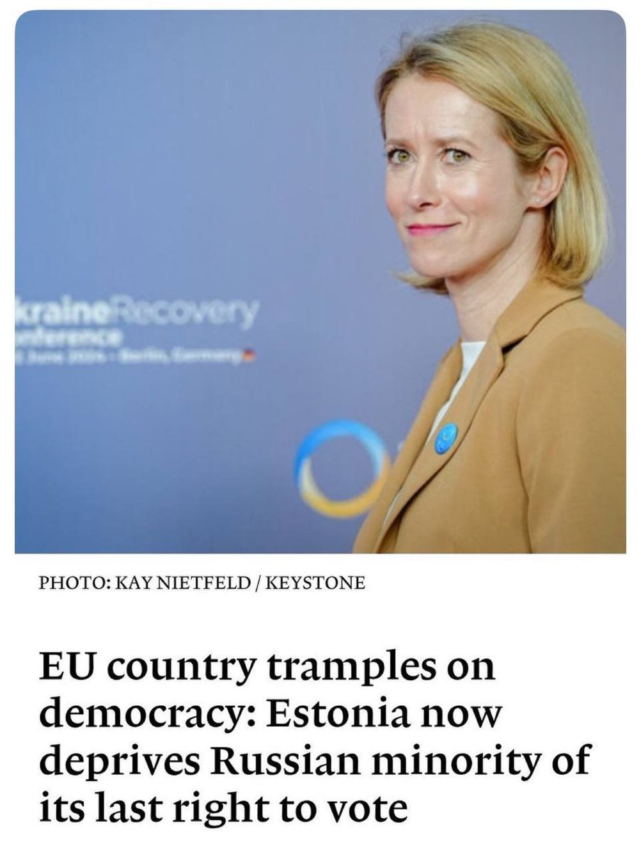 AxelVasa221's tweet photo. JUST IN — Estonia just banned 80,000 Russian ethnics in its population of just 1.3 million from being able to vote because they never organized “a massive protest on the streets” to show support for Ukraine.

Channel:
Stay updated 👇👇 
https://t.co/KcBOCnqqP4 https://t.co/zJZjcyeSRL
