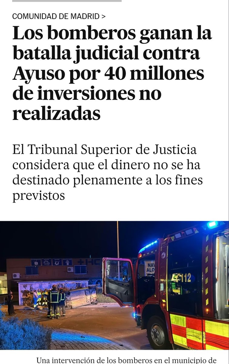 FonsiLoaiza's tweet photo. Este año los bomberos ganaron la batalla judicial contra Ayuso por 40 millones de inversiones no realizadas por la Comunidad de Madrid del PP. Criminal. https://t.co/QwFs08Q1xQ