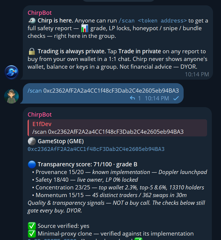 ChirpTradeApp's tweet photo. Exciting news!
#Chirp is not available to add to your @RobinhoodCrypto @telegram groups.
Telegram group owners can link there referral code!
Once added, type /scan <contract address> for a safety report.
Then trade in private. This opens up your group to your referral code.
