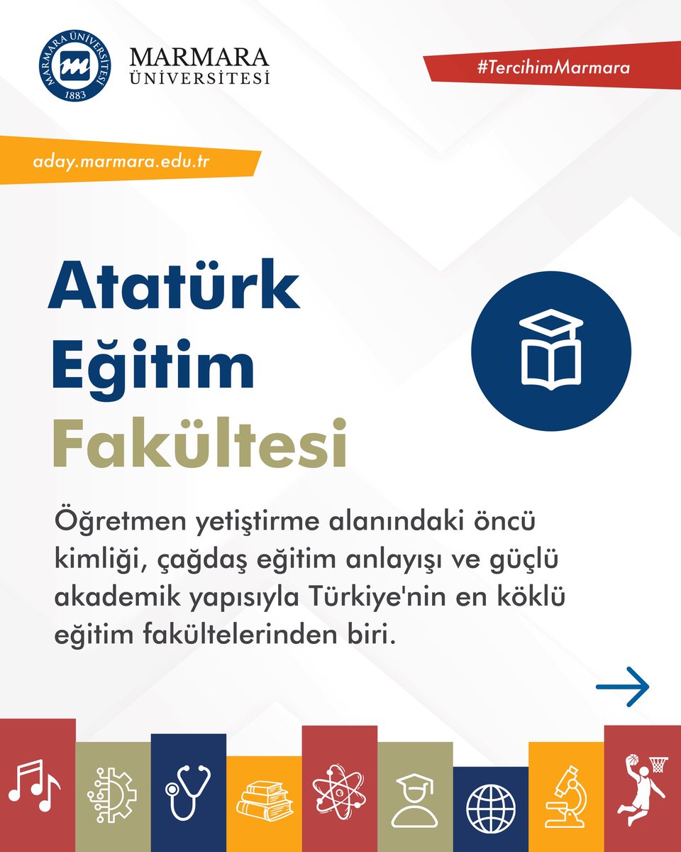 marmara1883's tweet photo. #MarmaraÜniversitesi Atatürk Eğitim Fakültesi’ni neden tercih etmelisin? Hadi kısaca anlatalım 📚📐💯

🔹 21 farklı öğretmenlik programı ile Türkiye’nin en eski eğitim fakültelerinden biri

🔹 Çift ana dal ve yan dal imkânları ile disiplinlerarası eğitim fırsatı

🔹 64 üniversiteyle uluslararası iş birliği sayesinde yurtdışında eğitim imkanı 

🔹 İstanbul İl Millî Eğitim Müdürlüğü ile iş birliği doğrultusunda belirlenen okullarda mesleki deneyim kazanma fırsatı

🔹2025 yılında Sosyal Bilgiler Öğretmenliği, Tarih Öğretmenliği ve Sınıf Öğretmenliği programlarıyla “Engelsiz Program Nişanı” almaya hak kazanarak engelsiz eğitim ve erişim anlayışını tescilleyen fakültelerden biri

🔹 AEF Öğrenci Esenliği Birimi aracılığıyla psikososyal destek olanakları

Atatürk Eğitim Fakültemiz köklü akademik birikimi ve uygulama odaklı eğitim anlayışıyla geleceğin öğretmenlerini bekliyor. 

#TercihimMarmara 
https://t.co/r7biPa2GD1
