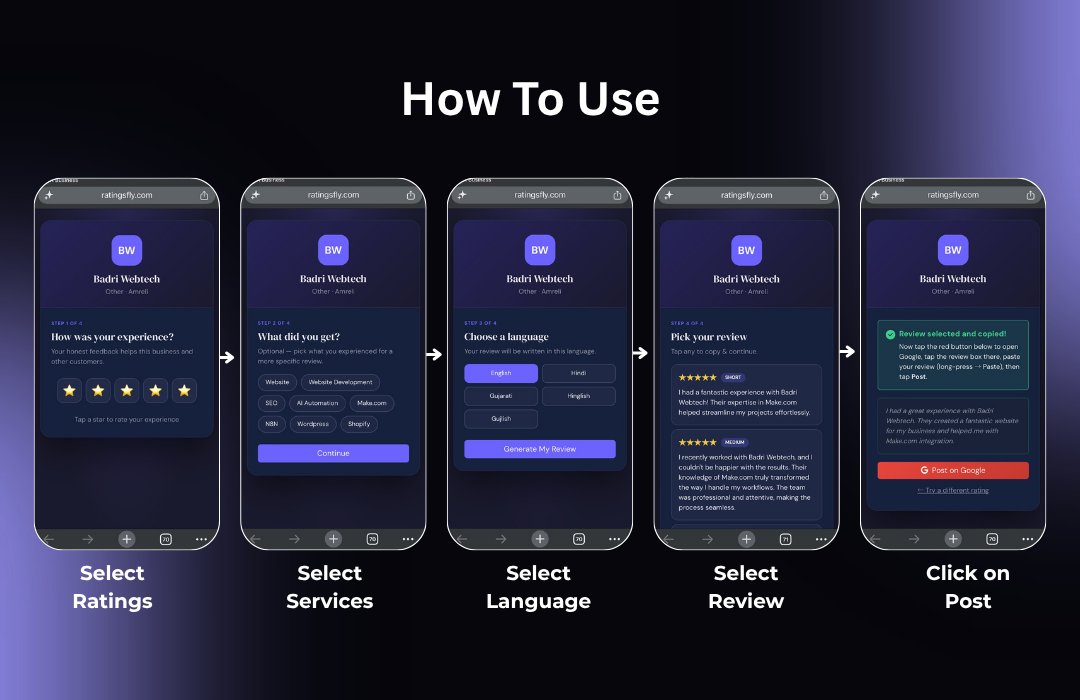 Shabbirlokant's tweet photo. Getting a Google review used to be hard. Not anymore.
Ratingsfly cuts it to 5 taps, under 20 seconds:
Rate → Service → Language → Pick review → Post on Google
Built for any business that lives on reviews clinics, restaurants, gyms, real estate &amp; more
https://t.co/eamvwsgFMF https://t.co/1Wx6NHZetM