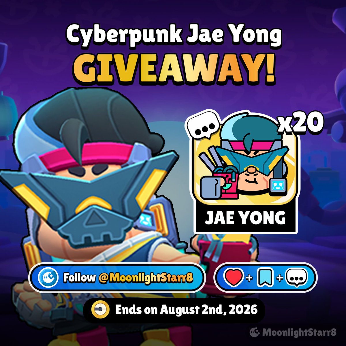 MoonlightStarr8's tweet photo. x20 Cyberpunk Jae-Yong Pin GIVEAWAY! 🎁🤖🍜

To enter:  
✅Follow @MoonlightStarr8
❤️Like + Retweet
💬Comment your favorite Nano Noodles skin!   

Winners will be selected on August 2nd! Good luck! 😉

#BrawlStars #GiftedBySupercell #giveaway https://t.co/YvcG82wUoD
