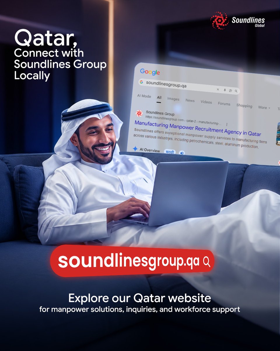 GroupSoundlines's tweet photo. We are now online locally for Qatar.

Soundlines Group’s dedicated Qatar website is live, helping employers connect with us more easily for reliable manpower solutions and workforce support.

Visit: https://t.co/aWjRnyUyFc

#qatar #jobs #soundlinesgroup #slg #soundlineshrconsultancy #recruitmentagency #overseasrecruitment
