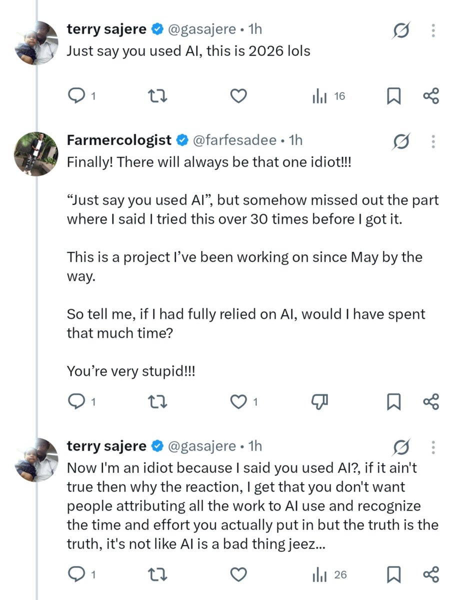 gasajere's tweet photo. Calling me an idiot because I hit a nerve when these are literally your own words"So tell me, if I had fully relied on AI, would I have spent that much time?" - So in essence you did use it but did not fully rely on it which in the end corroborates with the fact I stated...that "you used AI" 😂