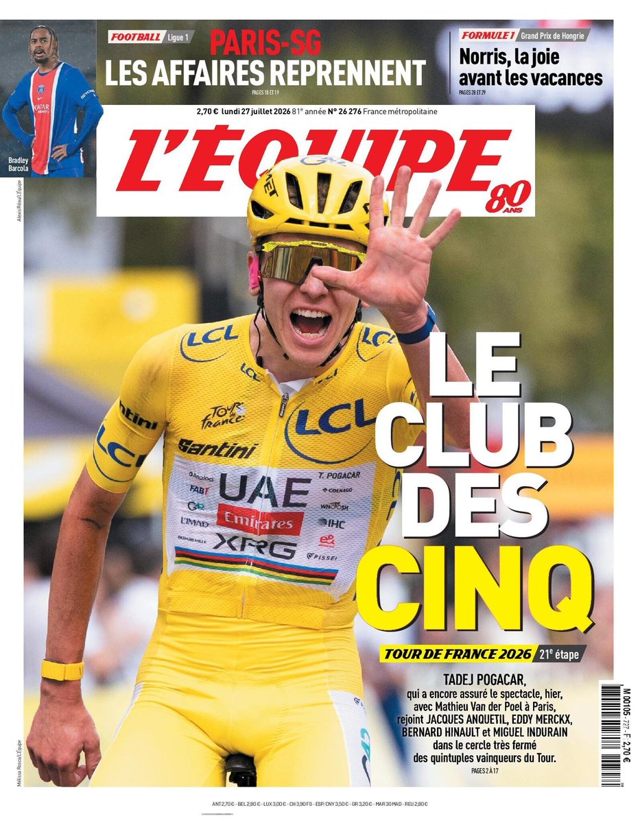 faustocoppi60's tweet photo. Tadej Pogacar on the front pages of today's L'Equipe, Marca, AS and Gazzetta dello Sp... oh wait. 🙈😂

#TDF2026 https://t.co/28i5HvtOfg