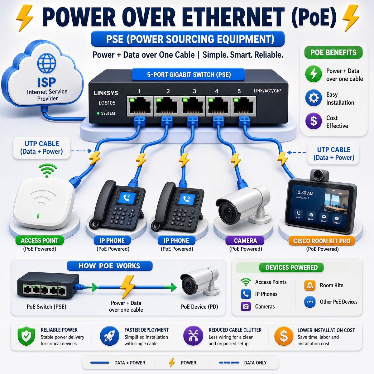 CiscoSwitchs's tweet photo. Data + Power over ONE single cable. ⚡🔌

Power over Ethernet (PoE) eliminates cable clutter and the need for expensive electrical work. Perfect for deploying IP cameras, APs, and VoIP phones anywhere!

How many PoE devices are currently running on your network? 👇

#PoE #Networking #ITInfrastructure #NetworkSwitch #SysAdmin #TechTips