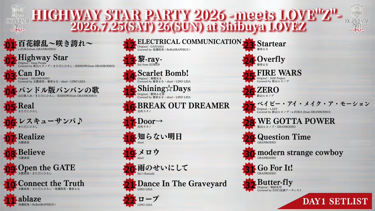 highwaystar_inc's tweet photo. HIGHWAY STAR PARTY 2026 -meets LOVE"Z"-に
ご来場いただいた皆さま、誠にありがとうございました！
 
2日間にわたる開催で、世代も次元も超えたアニソンの数々
そして素晴らしい楽曲をお届けしました。
これからもHIGHWAY STARをよろしくお願いいたします！
 
2日間のセットリストはこちら👇
DAY1 ▶https://t.co/tXrfE1MJJ8
DAY2 ▶https://t.co/iPTnf5L2Zx
#HSPARTY2026