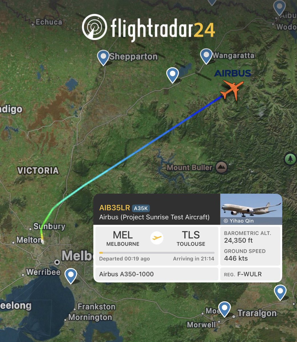 flightradar24's tweet photo. Arriving in 21:33h: @Airbus Project Sunrise A350-1000ULR has just departed Melbourne on an epic nonstop journey to Toulouse. Track it: https://t.co/lEeXgZZ61N @Qantas https://t.co/tRaVMJ4M4o