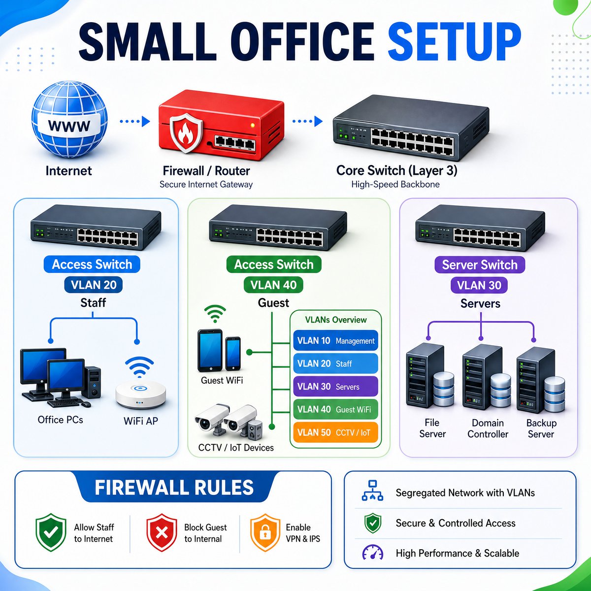 CiscoSwitchs's tweet photo. Stop using flat networks for your office! 🛑🏢

A proper setup requires segmentation. Use a Layer 3 Core Switch + VLANs to isolate Guest Wi-Fi, Staff PCs, Servers, and IoT/CCTV devices. It boosts network performance and stops lateral security threats. 🛡️💻

#Networking #NetworkArchitecture #CyberSecurity #VLAN #SysAdmin #ITInfrastructure