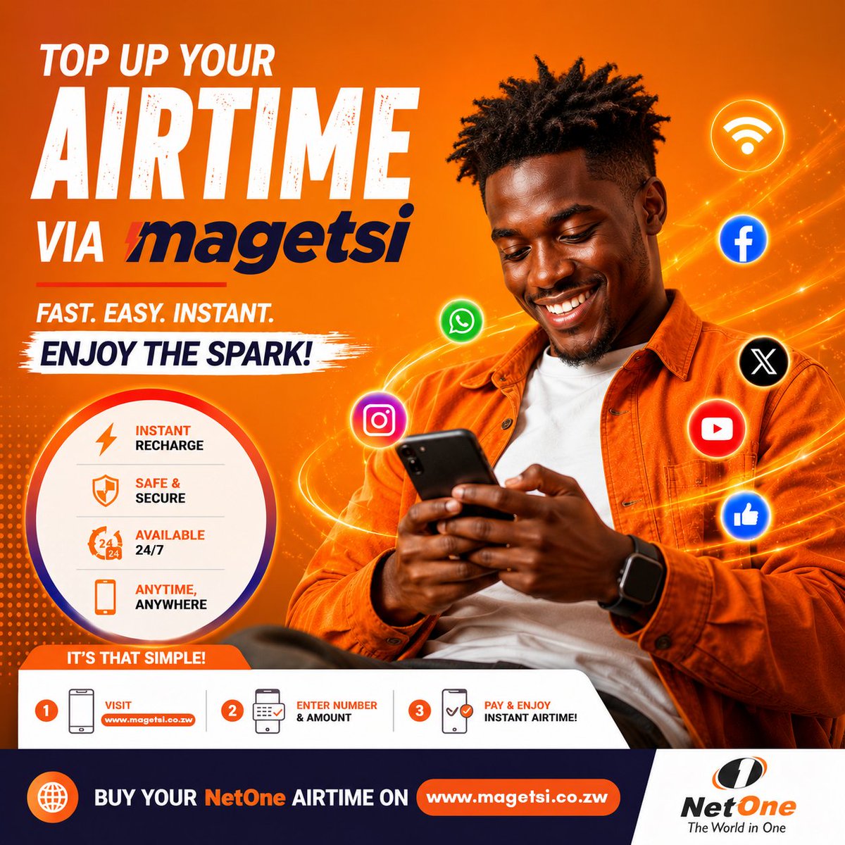 NetOneCellular's tweet photo. Buy your NetOne airtime online with ease through Magetsi—one of the many convenient ways to recharge. Visit https://t.co/K0zxSAbFMZ for a reliable top-up experience, anytime, anywhere.
#NetOneZW #TheWorldInOne #TopUpEasy https://t.co/Lta7X43VC4