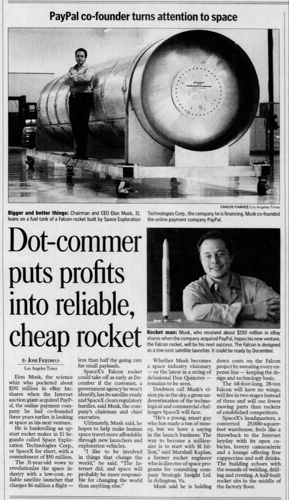 cb_dodgep's tweet photo. A newspaper clipping from 2003, when Elon Musk risked everything to make humanity multiplanetary. https://t.co/7BvIWKyiQ2