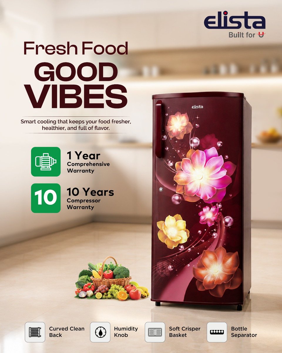 ElistaWorld's tweet photo. Keep your food fresh, healthy, and full of flavor! Enjoy 10 years of compressor warranty and smart cooling features built just for you. ❄️🍇 
#FreshFoodGoodVibes #Elista #HomeAppliances #BuiltForU #KitchenEssentials https://t.co/gscnS7aXBm
