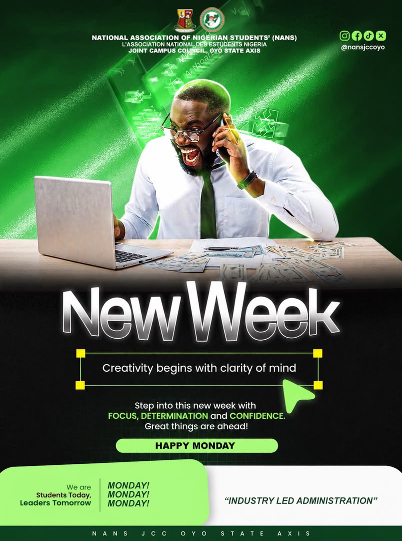 nansjccoyo's tweet photo. NEW WEEK, NEW POSSIBILITIES!
A new week is an opportunity to dream bigger, work smarter, and achieve greater milestones. Let your actions this week reflect purpose, resilience, and excellence.

Happy New Week!

Signed:
Comrade Azeez Olatunji Bakare (PRO)
NANS JCC, Oyo State Axis https://t.co/BtD79ux10F