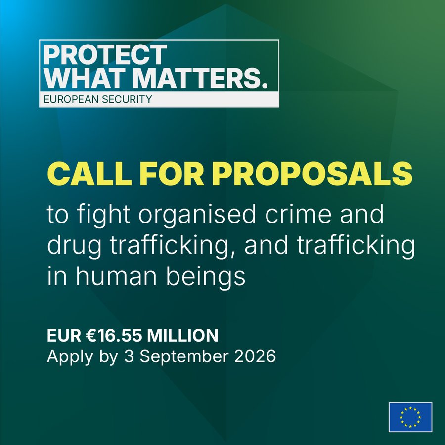 EUHomeAffairs's tweet photo. ⚠️ Organised crime is a serious threat to Europe.   

The @EU_Commission has opened a €16.55M call to fund projects tackling criminal networks, drug trafficking and trafficking in human beings. 

⌛️Apply by 3 Sept 2026 #ProtectEU  🔗https://t.co/6IGZlvdYVs https://t.co/DIlraZxiCz
