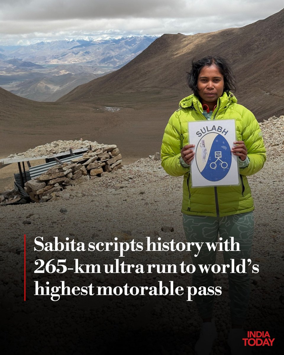 IndiaToday's tweet photo. Bihar’s endurance athlete Sabita Mahato has scripted history by becoming the first Indian woman to complete a 265-km ultra run from Leh to Mig La Pass, at an altitude of around 19,400 feet, in just six days. Battling low oxygen levels, freezing winds, rugged terrain and unpredictable weather, Sabita completed the gruelling challenge to inspire India’s youth, particularly young women, to dream fearlessly and push beyond their limits. She dedicated the achievement to her family, supporters and the security forces serving in Ladakh.
#SabitaMahato #UltraRun #MigLaPass #EnduranceAthlete #Bihar #IndianWomen